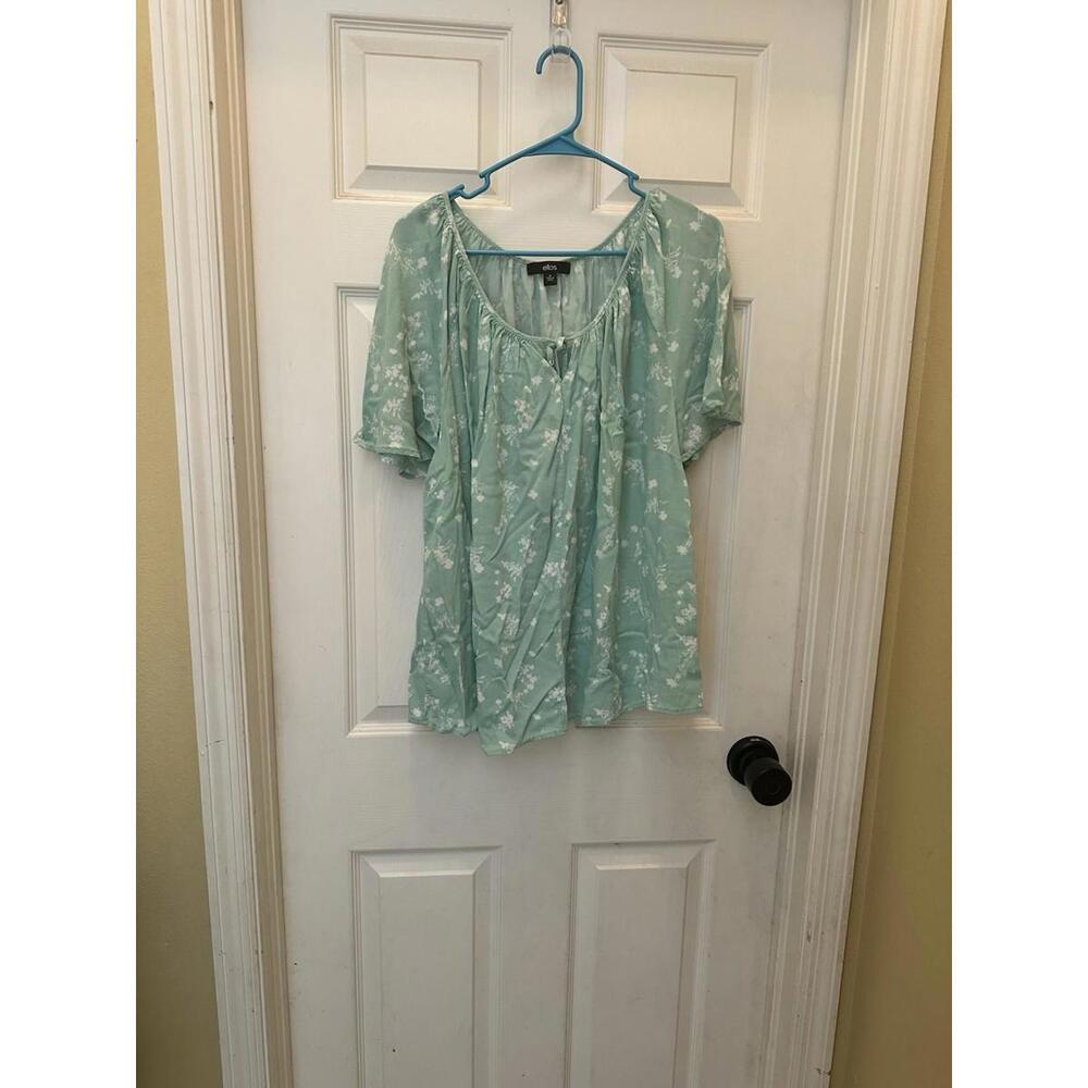 Ellis Size 26 Green/white Printed Short Sleeve Blouse